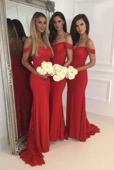 Red Long Lace off-Shoulder Zipper Back Bridesmaid Dresses