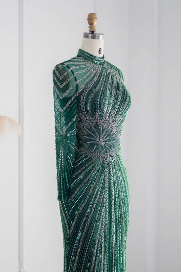 Elegante Abendkleider im Meerjungfrau-Stil mit Stehkragen und langen Ärmeln, Perlenstickerei und Kristallschärpe_19