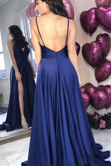 Sexy Navy Blue Backless Simple Evening Dresses | Spaghetti Straps Prom Dresses Online with sexy high Split_3
