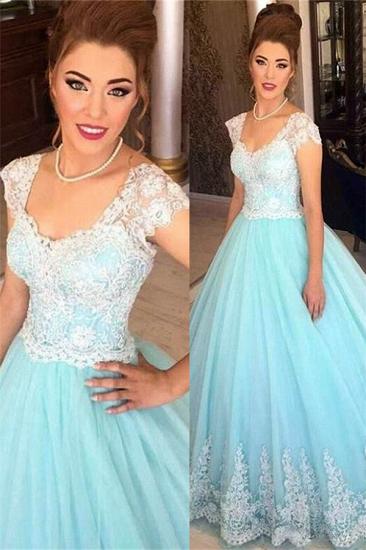 Baby Blue Lace Cap Sleeves Sexy Evening Gown Princess Tulle Formal Ball Dress