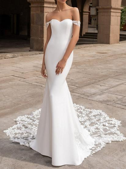 Romantic Sexy Backless Mermaid Wedding Dress Off Shoulder Satin Short Sleeve Bridal Gowns with Court Train