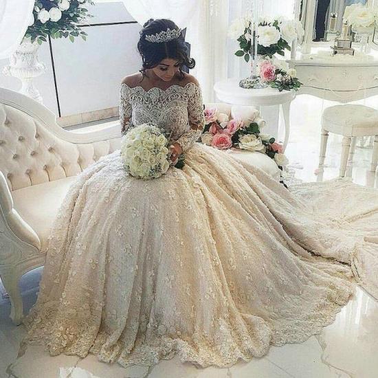 Vintage Ball Gown 2022 Lace Wedding Gowns Beaded Appliques Long Sleeves Lace Bride Dresses_1