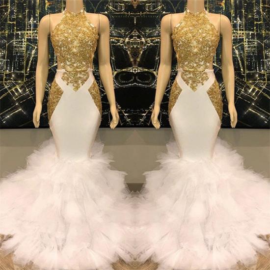 2022 Open Back Gold Lace Sexy Prom Dress on Mannequins | Mermaid Ruffles Cheap Evening Gowns Online_3