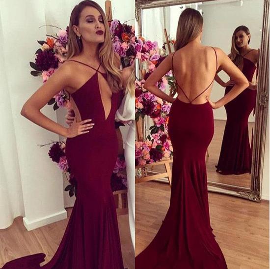 Burgundy Sexy Open Back 2022 Party Dresses Cheap Mermaid Sweep Train Evening Gowns_3