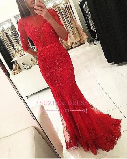 Half Sleeves Tulle Beadings Red Evening Gowns Appliques Mermaid Prom Dress 2022_2