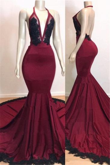 Sexy Backless Black Lace Prom Dresses Cheap 2022 | Mermaid V-neck Burgundy Evening Gown with Long Train_1