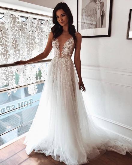 Chic Tulle A-line Ivory Lace V-neck Summer Beach Wedding Dress_2