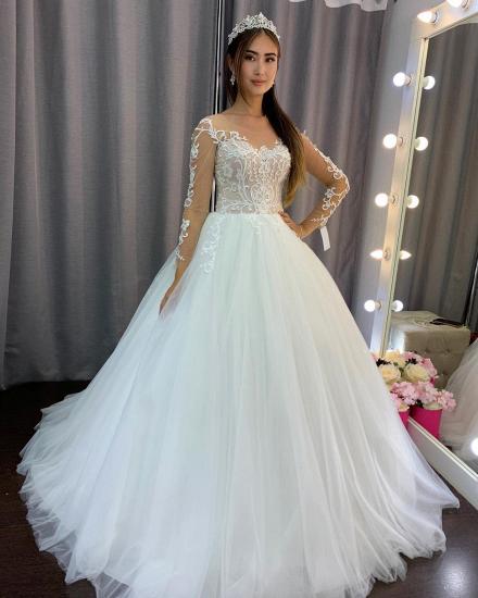 Gorgeous Long Sleeves Floral A-line Tulle Wedding Dress_5