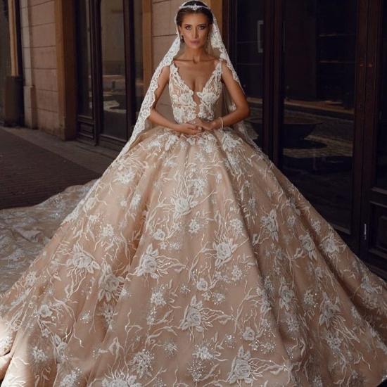 Glamorous V-Neck Sleeves Floral Pattern Ball Gown  Champagne Aline Wedding Gowns_2