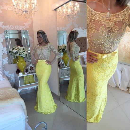 Gelbes langärmliges Meerjungfrau-Abendkleid 2022 aus Spitze mit Perlen besetzt_4