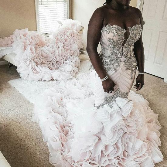 Plus Size Mermaid Crystal Lace Beads Sweetheart Long Train African Custom Made Ruffles Wedding Dresses_2