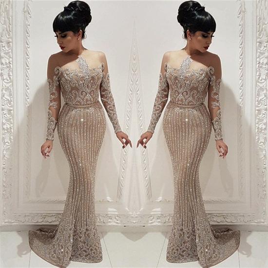 Sparkly Beads Sequins Sexy Evening Dresses 2022 |  Mermaid Long Sleeve Nude Lining Prom Dresses_3