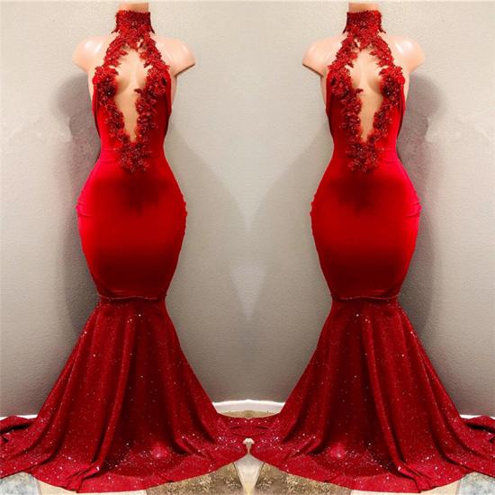 Sexy Red Appliques Mermaid Prom Dress | Sequins Deep V-neck 2022 Cheap Evening Gown_3