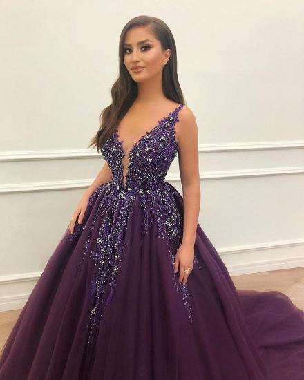 Straples Purple Beads Sequins Appliques Prom Dresses 2022 | Sleeveless V-neck Puffy Tulle Cheap Evening Gowns_3