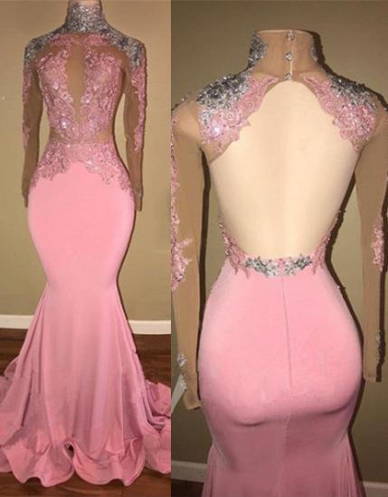 Gorgeous High-Neck Backless Pink Prom Dress Mermaid With Lace Appliques_1