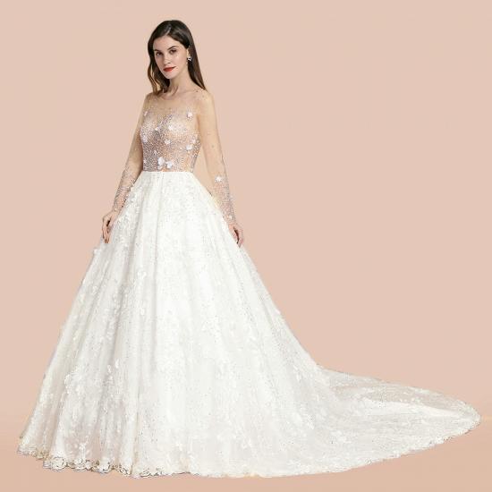 Charmantes Hochzeitskleid mit floralen Spitzenapplikationen Wunderschönes weißes Perlen-Brautkleid_8
