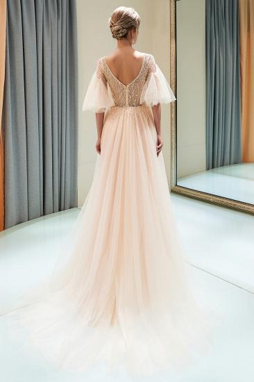 MARIE | A-line V-neck Floor Length Beading Tulle Evening Gowns with Sleeves_4