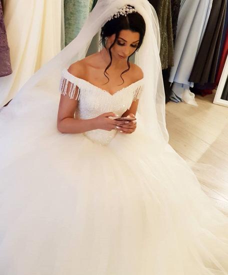 Glamorous Off Shoulder Tulle Lace Princess Bridal Gown with Tassels_3