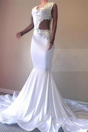 Crystal Beading White V-neck Sweep Train Mermaid Evening Gowns_1
