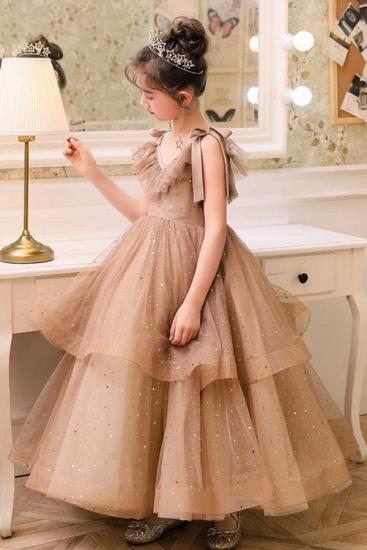 Romantic V-neck Straps Tulle Puffy Princess Flower Girl Dresses | V-back Kids for Dress For Wedding