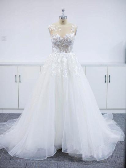 Stylish V-Neck A-line Wedding Dress Tulle Floral Lace Sleeveless Bridal Dress_3