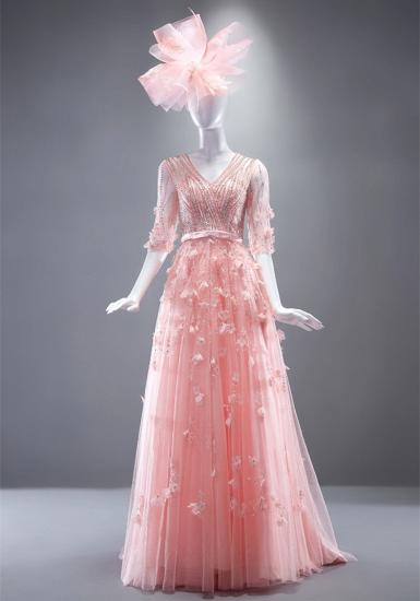 Niedliches rosafarbenes Blumen-Abendkleid mit halben Ärmeln und Perlenstickereien mit V-Ausschnitt und Bowknot-Tüll-Abendkleidern_4