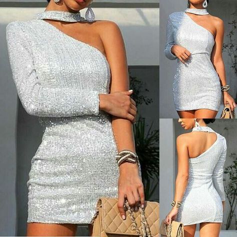 Sexy Sequined One-Shoulder Halter Mini Sheath Prom Dress