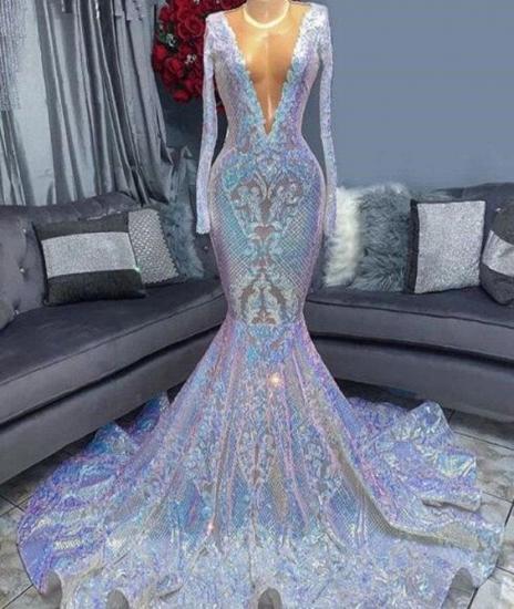 Long sleeves mermaid deep v-neck mermaid prom dress_2