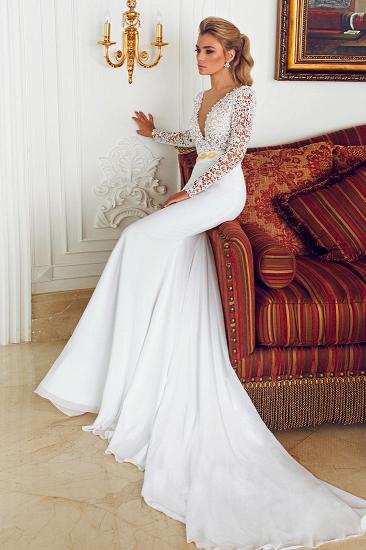 Sexy Deep V-Neck Chiffon Wedding Dresses 2022 Lace Mermaid Long Sleeve Crystal Bridal Gowns_1