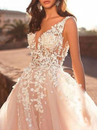 Mordern A-Line Wedding Dresses V-Neck Lace Tulle Straps See-Through Bridal Gowns with Sweep Train_3