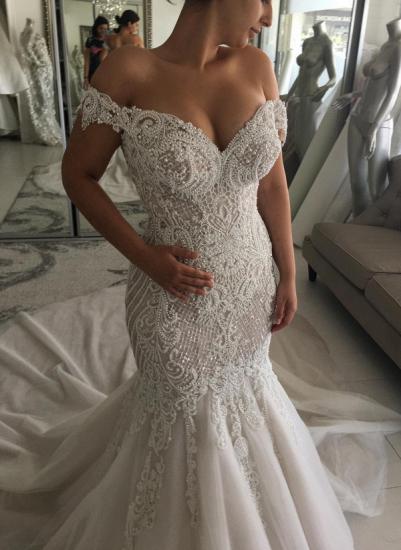 Elegant Off-the-shoulder Sweetheart Pearl Mermaid Chapel Train Wedding Dress
