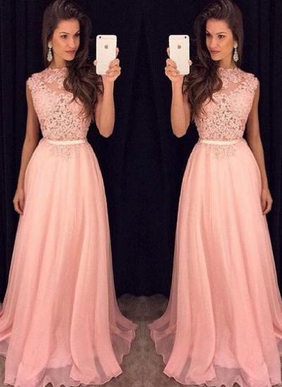 Simple Pink Sheer Lace with Sash Sleeveless Long Prom Dresses_1