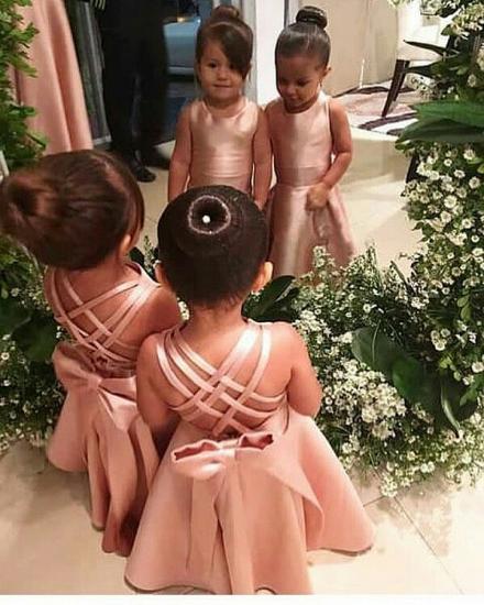 Elegant Pink Long Flower Girl Dresses with Criss-Cross Back | Sleeveless cute Little Girls Dress with Bowknot_2