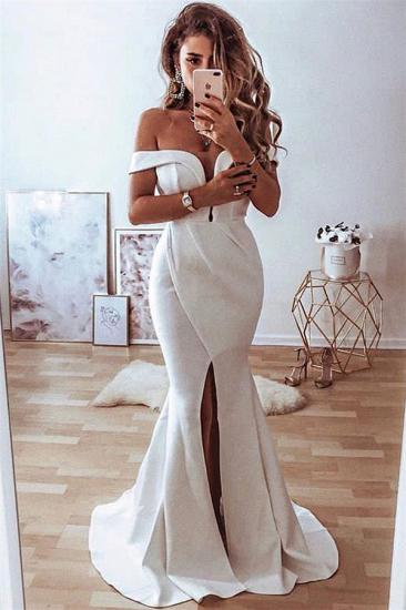 Elegantes schulterfreies Satin-Hochzeitskleid Günstige | Einfache Mermaid Front Slit Sexy Brautkleider online_1