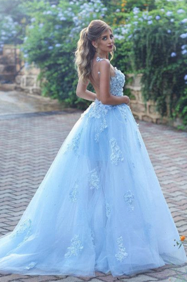 Elegant A-line Baby Blue Sheer Tulle Prom Dresses 2022 Appliques Sleeveless Evening Gowns