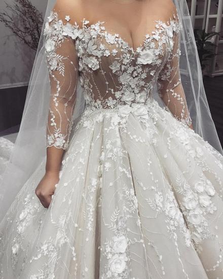 Sexy Crew Neck Long Sleeve Princess Bridal Gowns | Lace Appliques Wedding Dress_3