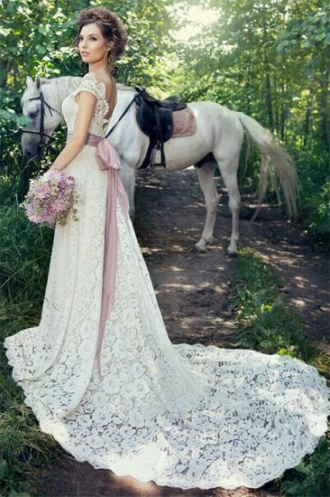 A-Linie Fulle Lace Outdoor Brautkleider Open Back Portrait Brautkleider mit Lavendelschärpe_3