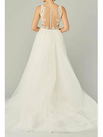 Country Plus Size A-Line Wedding Dress Jewel Lace Tulle Sleeveless Sexy See-Through Bridal Gowns with Sweep Train_2