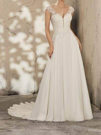 Simple A-Line Wedding Dresses V-Neck Lace Cap Sleeve Plus Size Bridal Gowns with Court Train