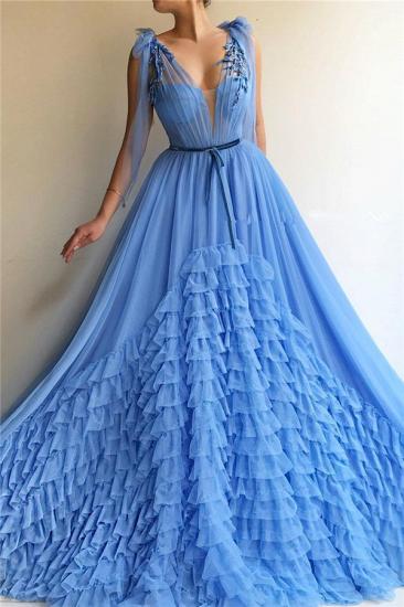 Sexy tüll tiefem v-ausschnitt blau abendkleid | Chic Sleeveless Layers Langes Abendkleid mit Schärpe