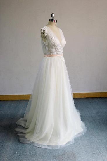 Wunderschönes ärmelloses Brautkleid in A-Linie mit V-Ausschnitt | Champgne-Tüll-Brautkleider mit Applikationen_4