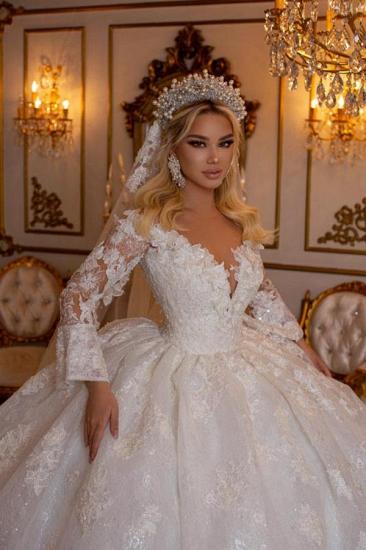 Elegant Sweetheart Long Sleeve Ball Gown Lace Wedding Gowns Bridal Dresses_3