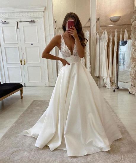 Elegant V-Neck Lace Wedding Dress A-line Sleeveless Dress for Brides_3