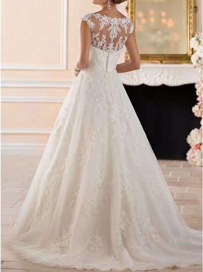 Glamorous A-Line Wedding Dress Bateau Lace Cap Sleeve See-Through Bridal Gowns Illusion Detail with Sweep Train_2