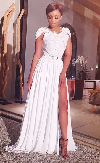 Neuestes weißes Chiffon-Abendkleid in A-Linie, sexy Spitze mit seitlichem Schlitz, formelle Kleider für besondere Anlässe_1