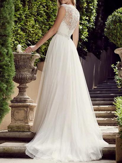 A-Line Wedding Dress Jewel Tulle Polyester Sleeveless Bridal Gowns Country Plus Size with Court Train_2