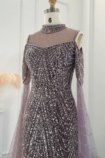 Luxuriöses, glänzendes, mit Perlen besetztes Neckholder-Dubai-Meerjungfrau-Abendkleid mit Umhangärmeln und bodenlangem Partykleid_4