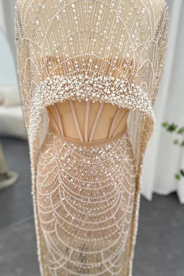 Gorgeous Champagne Cape Sleeves Mermaid Evening Dress Dubai See-through Pearls Party Dress_6