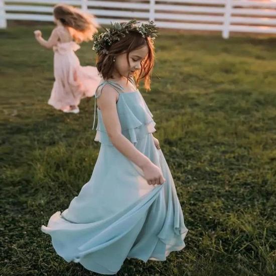 Summer Light Chiffon Sky blue Spaghetti Straps Long Flower Girl Dresses | Little Girls Peagant Dress Online_3