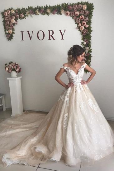 Ivory V-neck off-the-shoulder Princess Ball Gown Wedding Dress_1